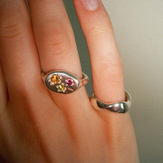 Handmade archaic silver ring with rhodolite, citrine and peridot. On hand