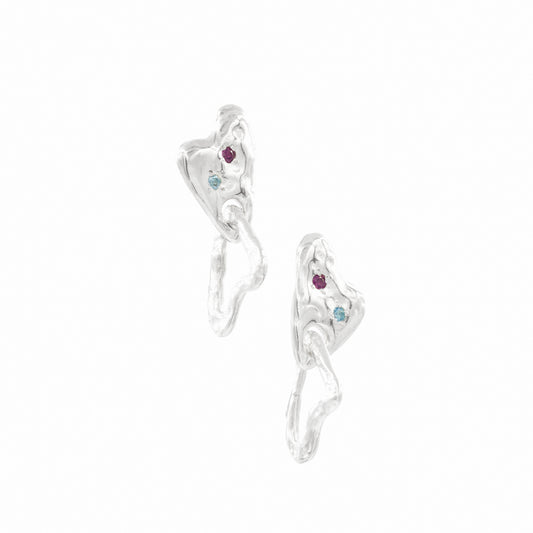 Daras Space Handmade double asymmetric heart earrings with rhodolite and topaz. Each pair is unique. Front.